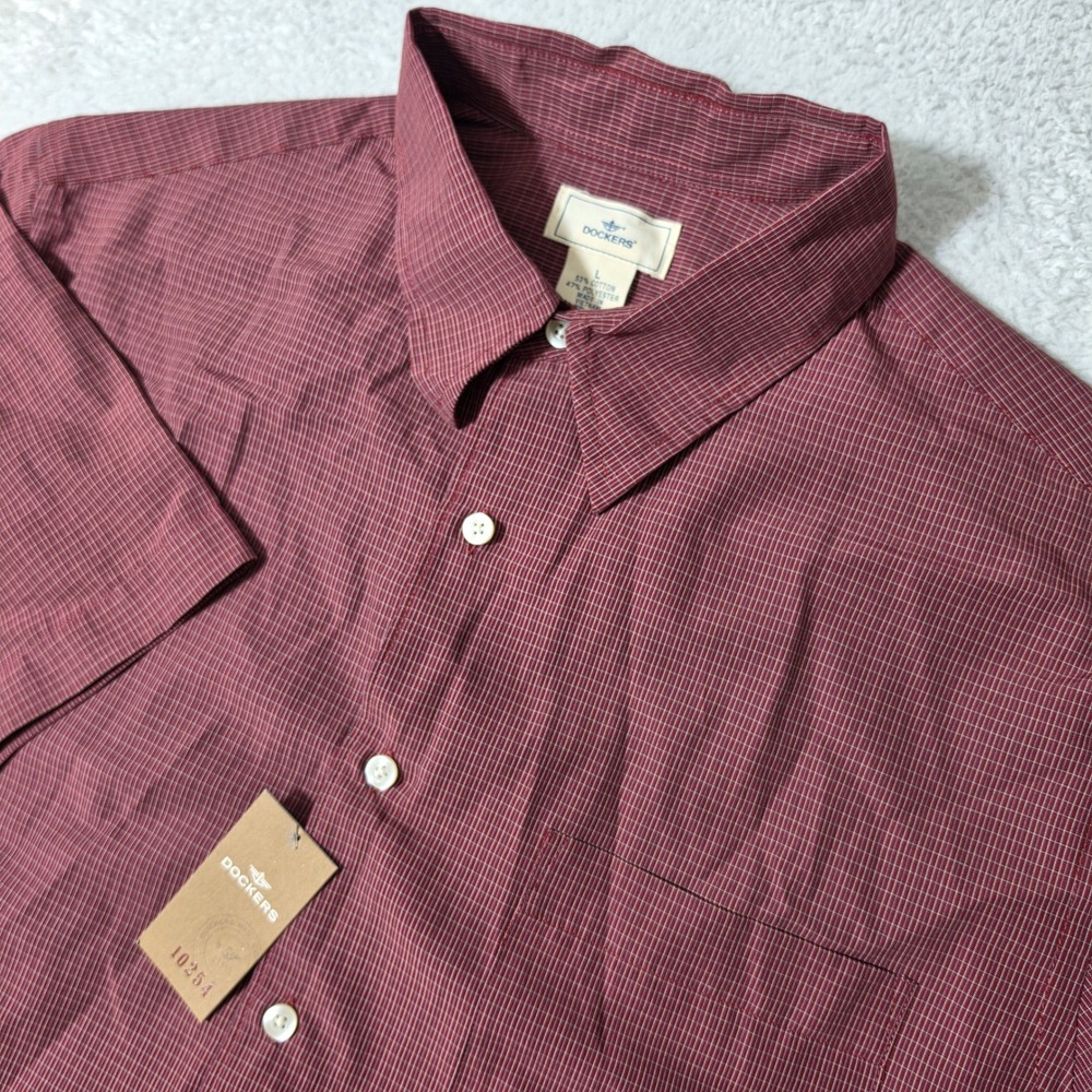 NEW! Dockers Button Down Shirt Mens L Burgundy Micro Check Short Sleeve